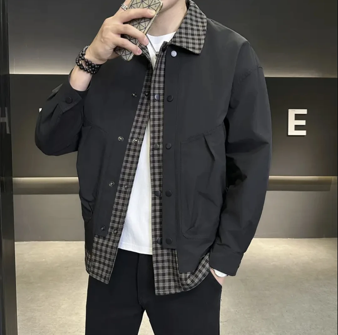 【假两件翻领夹克】春新男翻领外套时尚工装休闲口袋休闲外套6636