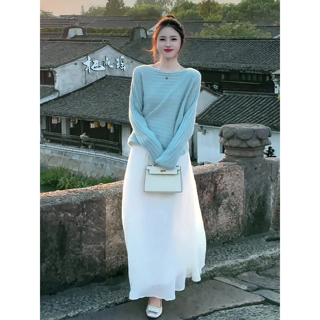 秋装搭配一整套独特绝美时尚高级感超好看针织衫上衣半裙两件套装