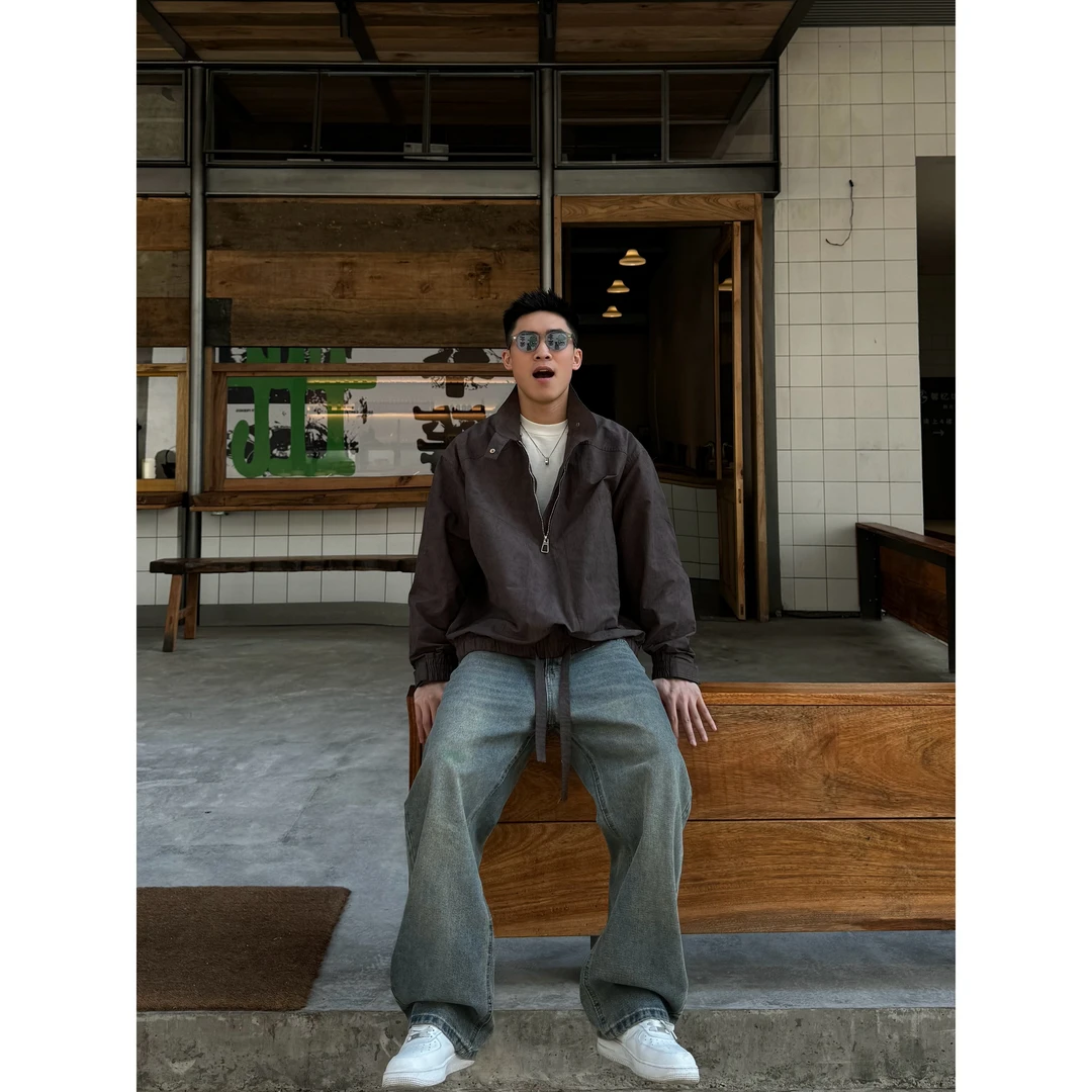 【ZQ】春秋季工装立领美式工装休闲痞帅半拉链夹克肌理感外套25612