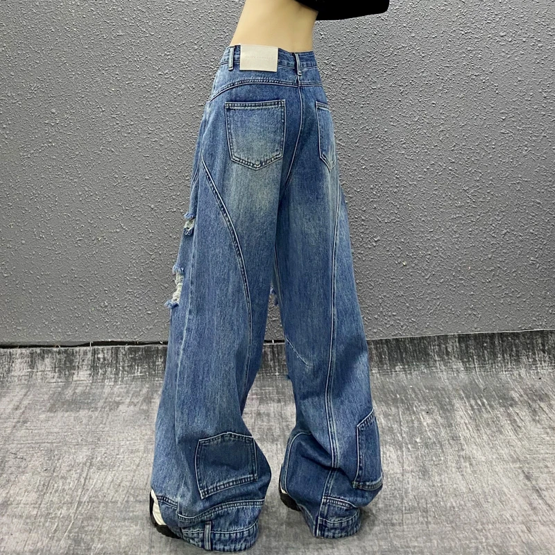 个性设计破洞拼接休闲牛仔裤女夏新款高腰宽松显瘦百搭直筒阔腿裤