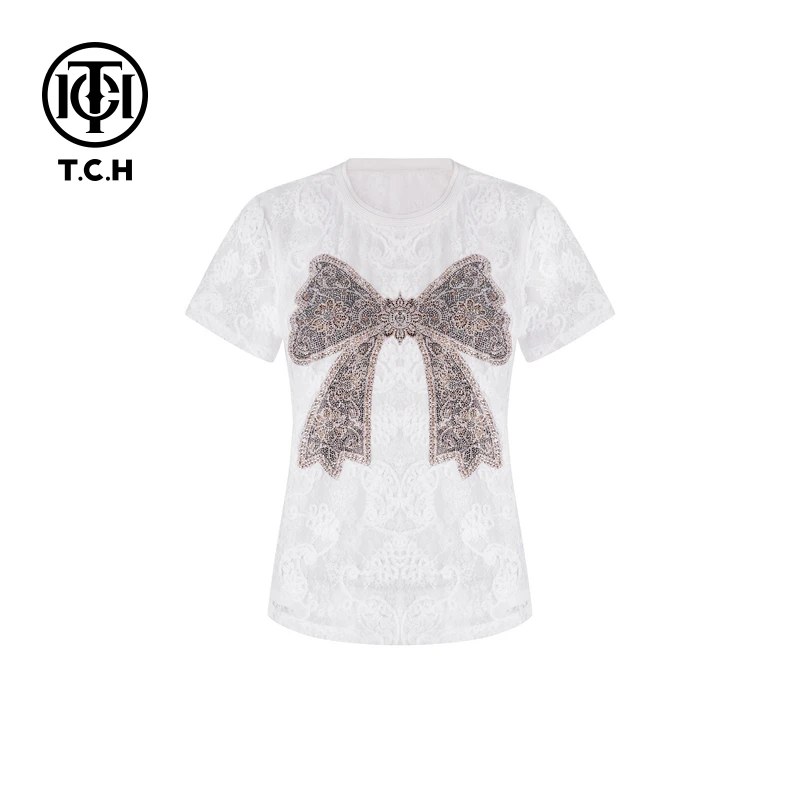 TCH私服烫钻工艺蝴蝶结蕾丝休闲圆领短袖T恤女T75A10E5020私服tch