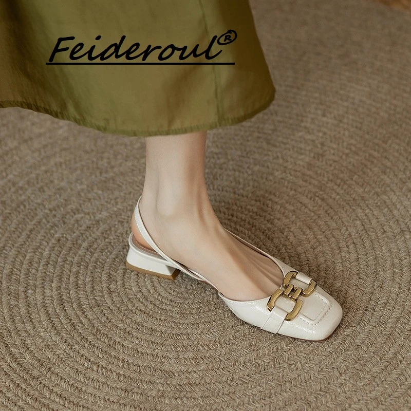Feideroul法式复古包头凉鞋2025新款百搭仙女风方头粗跟后空单鞋