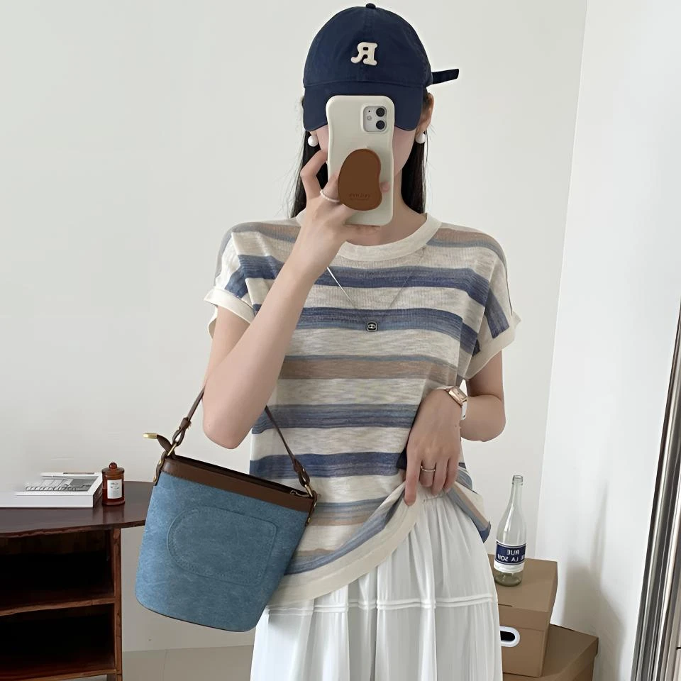 竹节棉冰丝针织条纹T恤女短款2025新款爆款夏季短款上衣时尚洋气