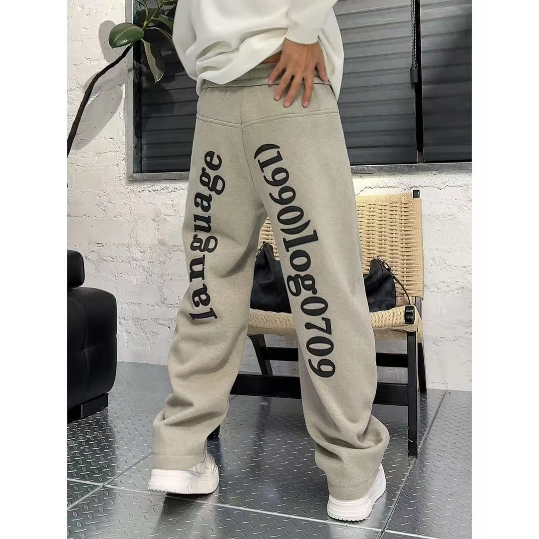 YULE语乐 1805美式高街重工贴皮字母绣运动裤冬季加绒加厚休闲裤
