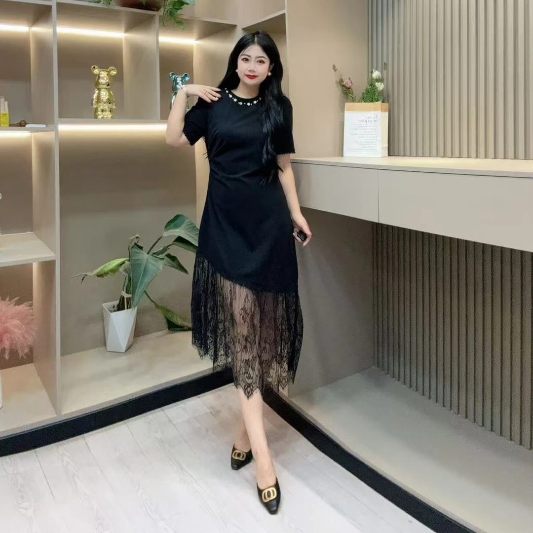 夏季连衣裙-甜 3816时尚蕾丝边潮流领口收腰设计胖MM大码女装新款