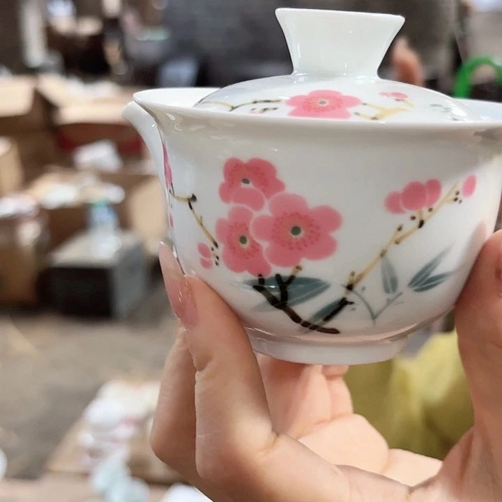 摆件景德镇高温陶瓷把把壶翠竹红梅