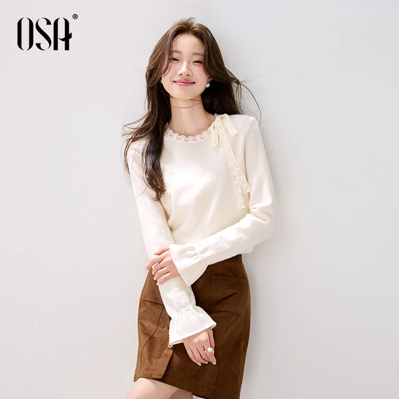 OSA法式蕾丝飘带毛针织衫2025秋季新款女气质内搭上衣S125C16036