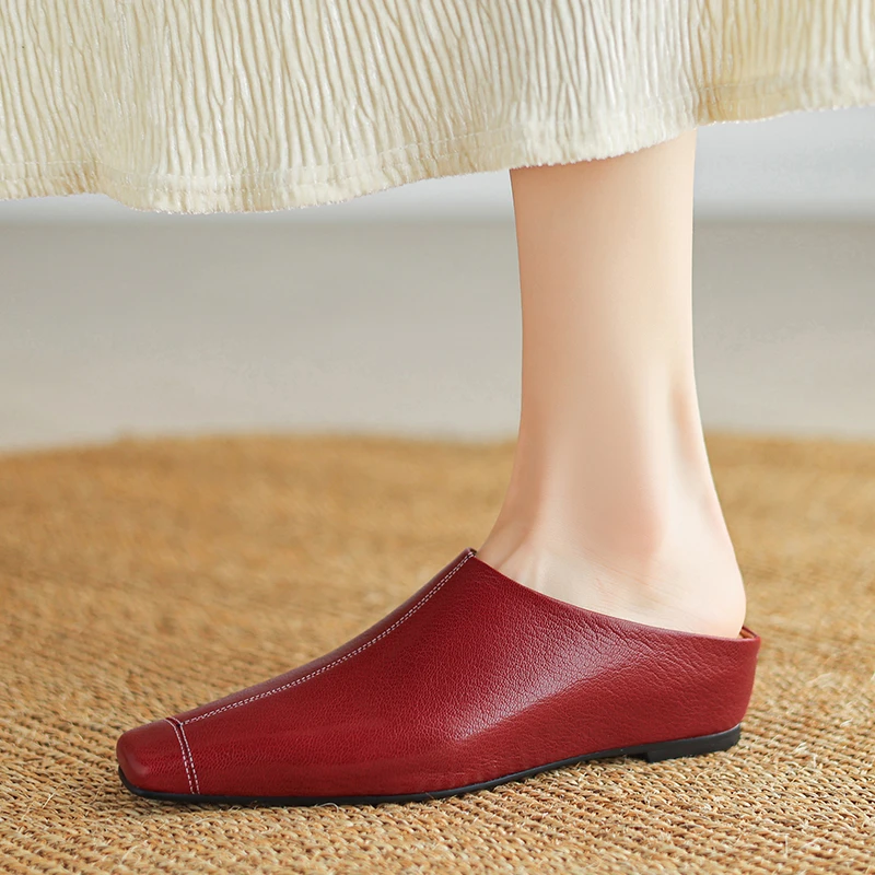 不累脚手工女鞋3cm~新款包头半拖鞋女外穿气质内增高平底鞋妈妈鞋