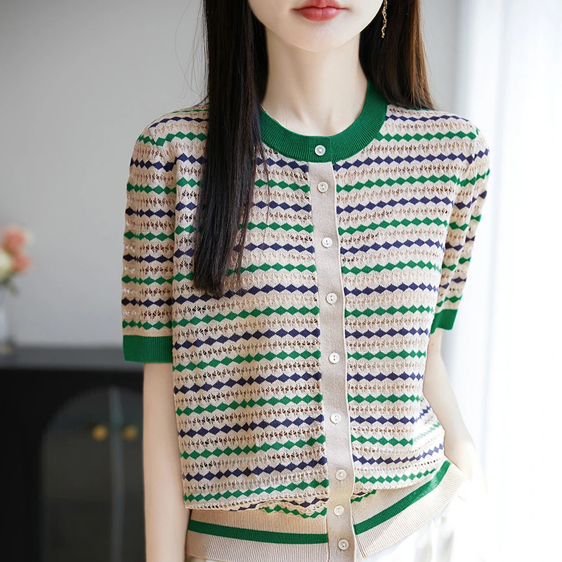 莱赛尔夏季舒适天丝短袖开衫显瘦女士圆领间色设计感外搭NSY-259