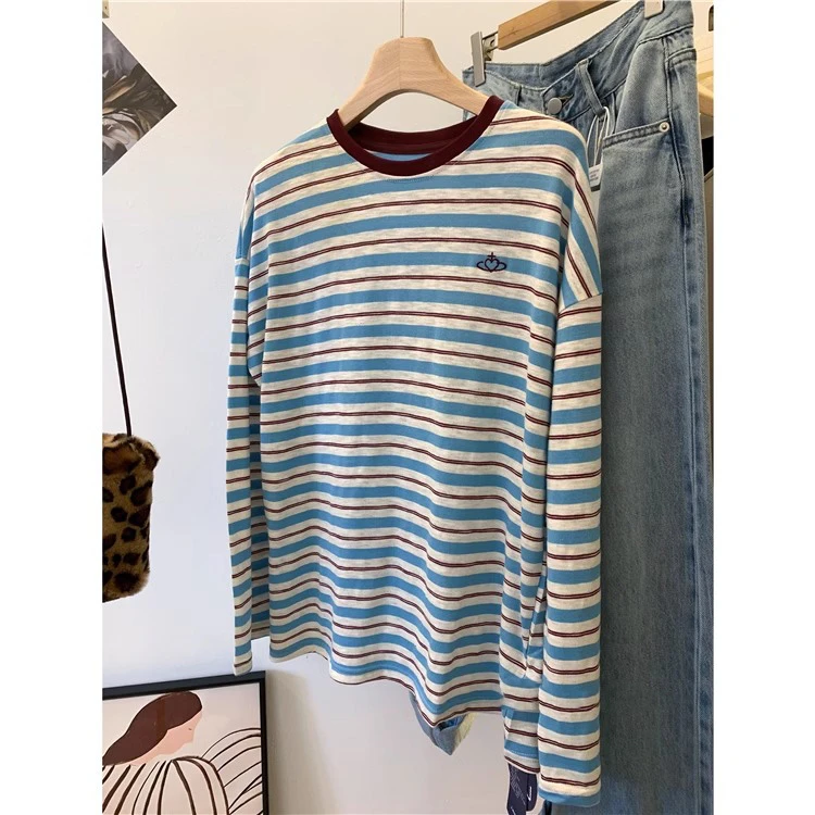 胖妹妹大码240斤刺绣爱心星球拼色条纹时尚复古春秋宽松长袖女T恤