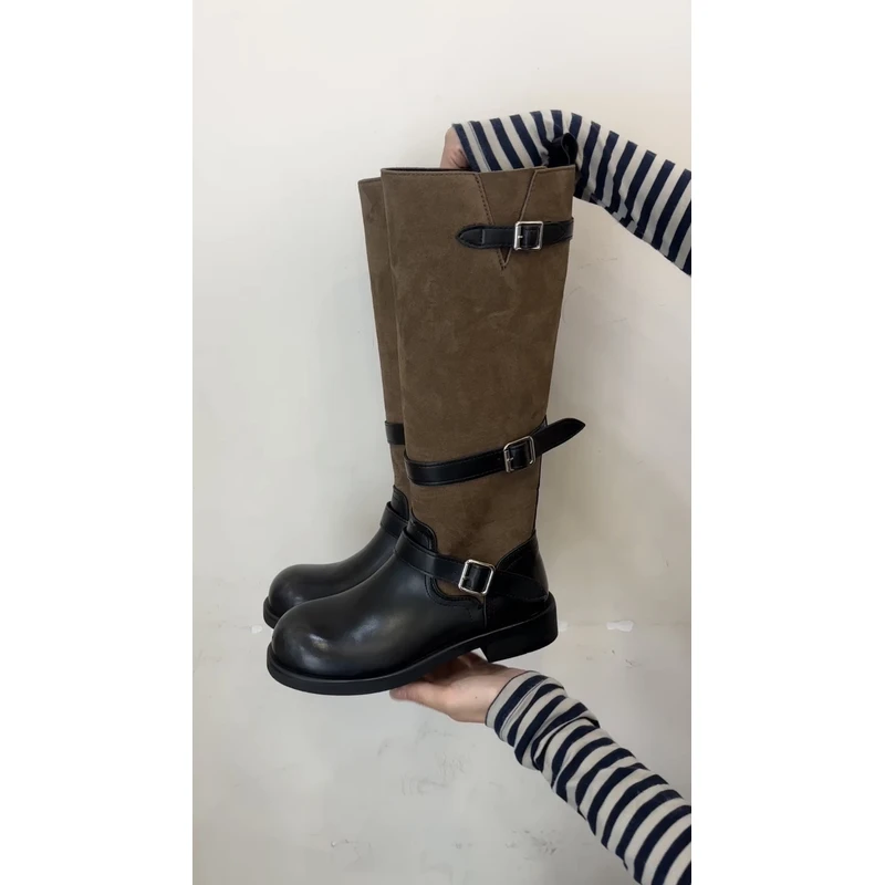诗歌兰同款 2025秋冬新款麂皮拼接厚底长筒靴女款粗跟骑士靴长靴