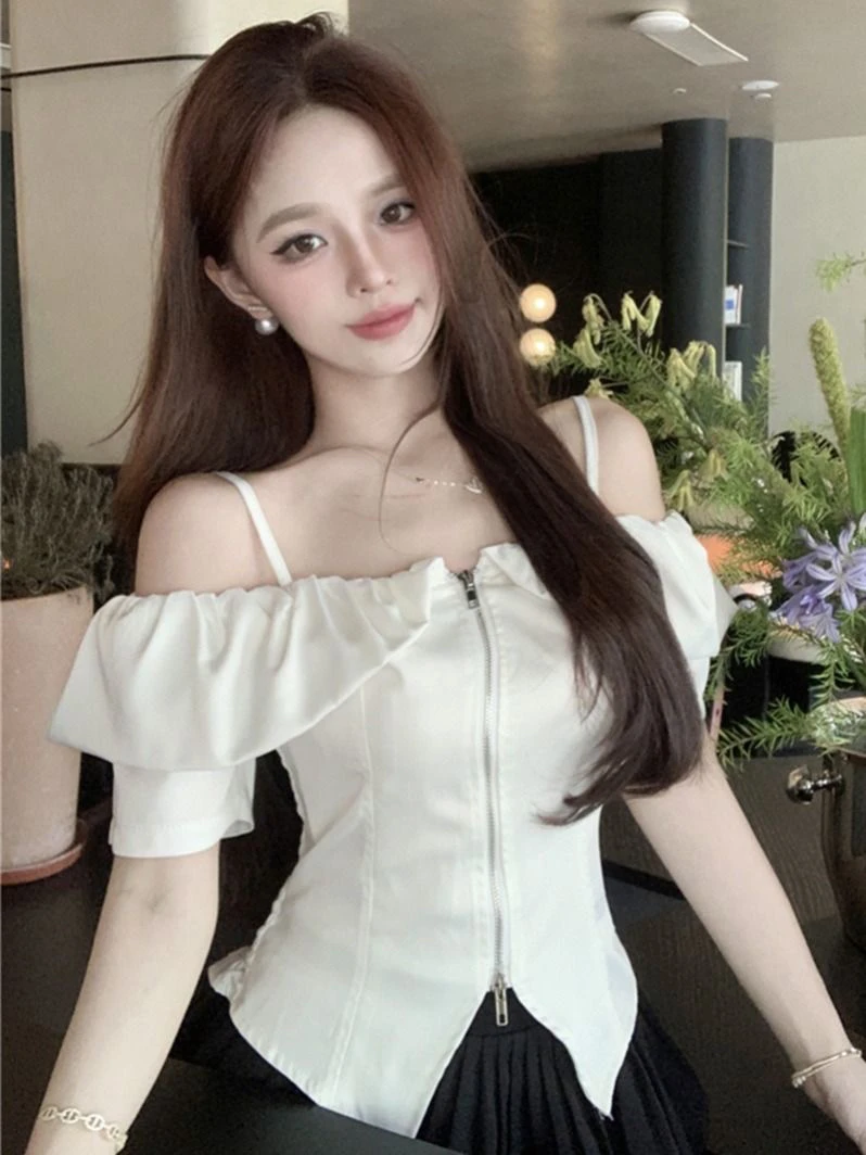 法式一字肩荷叶边长袖衬衫女修身显瘦小众设计感上衣