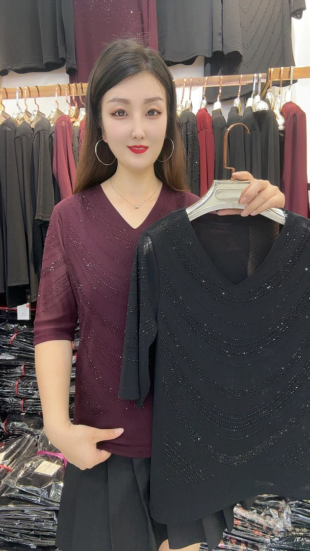 62#中袖亮钻打底衫时尚百搭显瘦宽松型法式网红