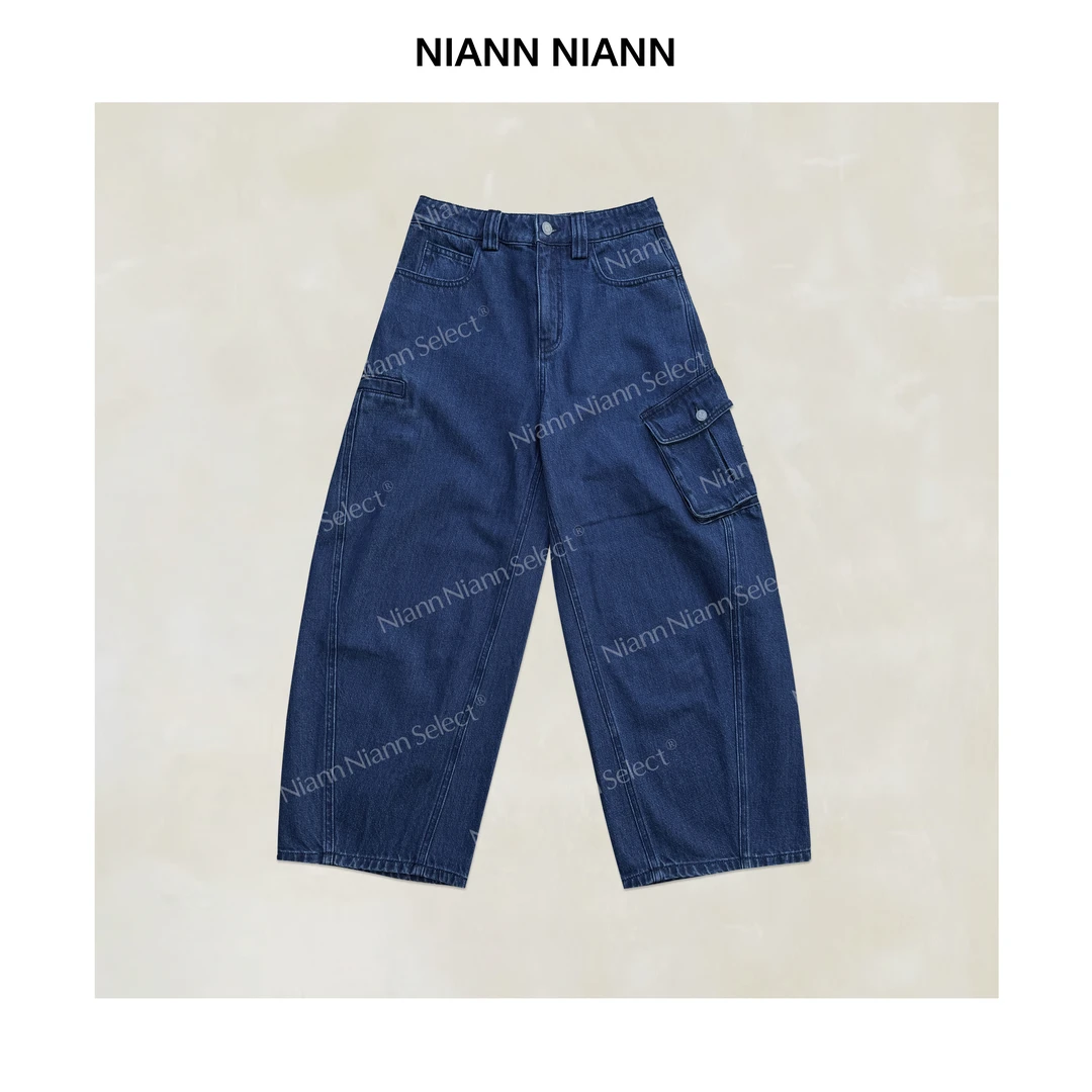 NiannNiann 新品女装复古宽松水洗棉侧口袋工装吊脚牛仔裤16466