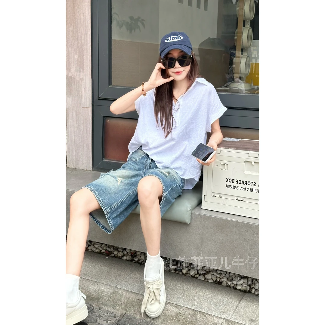 破洞牛仔短裤女夏季2025新款高腰宽松直筒网红辣妹阔腿五分裤子