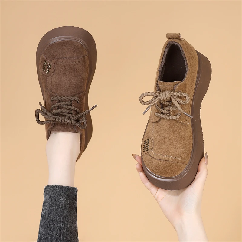 欧美复古超火圆头乐福鞋女2025秋冬新款系带厚底舒适显脚小勃肯鞋