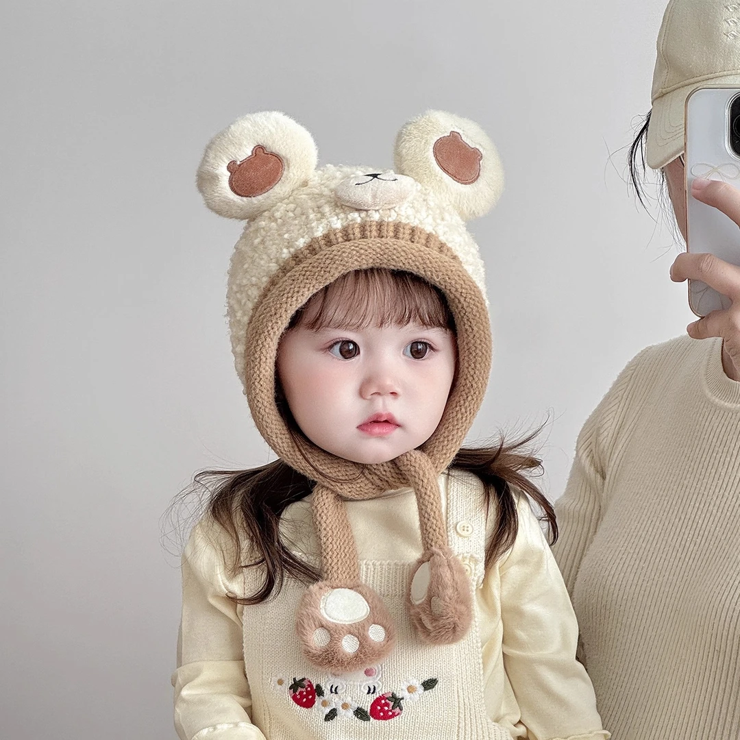 儿童帽子冬天毛绒帽男女宝宝可爱卡通毛线帽加厚保暖针织护耳帽韩