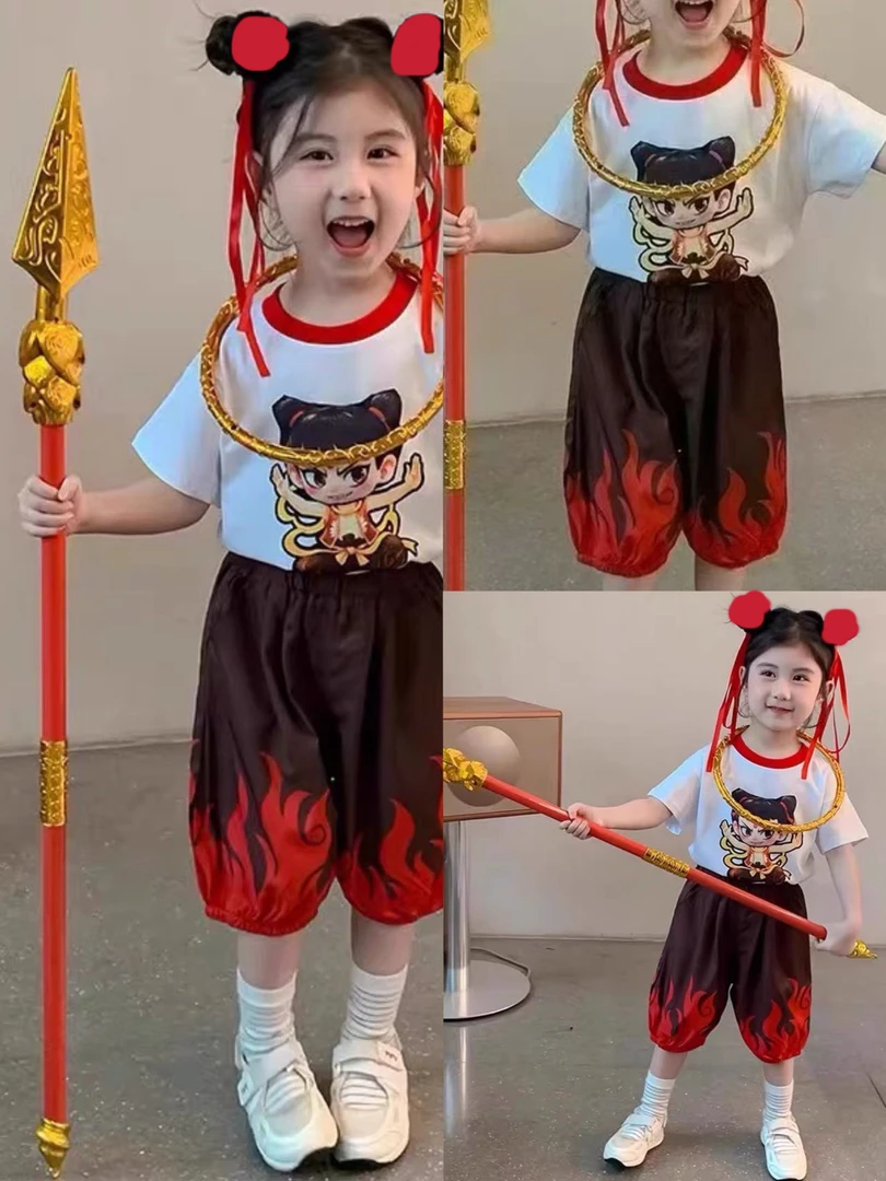 【新疆包邮】功夫哪吒短袖短裤五件套（带发箍＋火尖枪＋乾空圈）A006