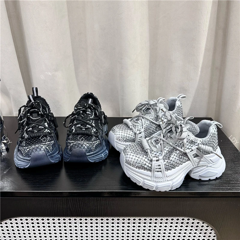 2025春季新款欧货潮鞋厚底增高老爹鞋休闲鞋重工水钻系带运动鞋女