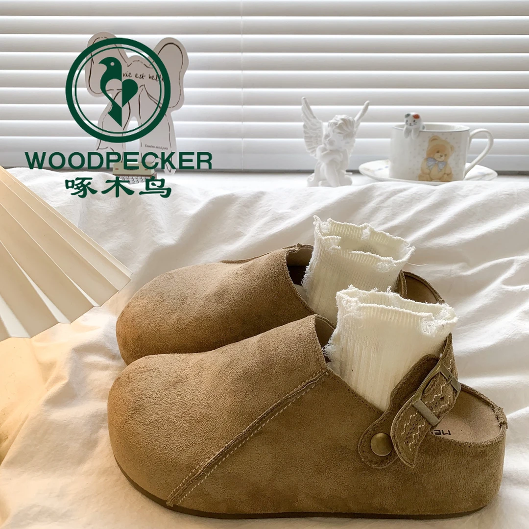 啄木鸟厚底内增高两穿勃肯鞋包头半拖鞋女2025新款秋季复古博肯拖