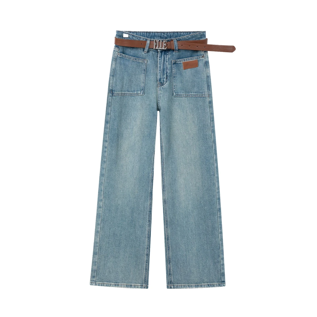 高腰直筒垂感阔腿裤微弹新款百搭休闲女士牛仔裤-211