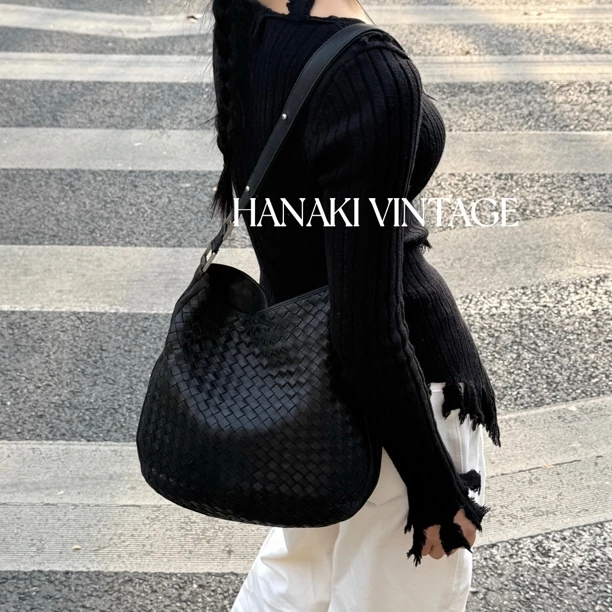 95新 BOTTEGA VENETA/葆蝶家 花绮中古/BV黑色编织单肩包/95新