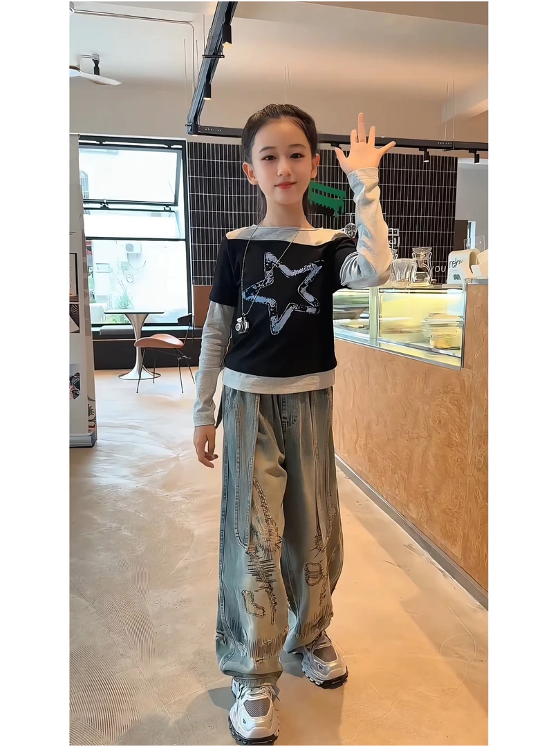 女童韩系穿搭秋季套装2025新款女大童春秋时髦洋气牛仔裤两件套