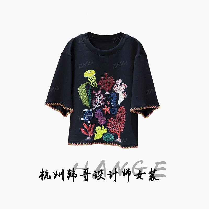 【韩哥女装】2025夏轻薄透气黑色印花时尚短袖T恤9020