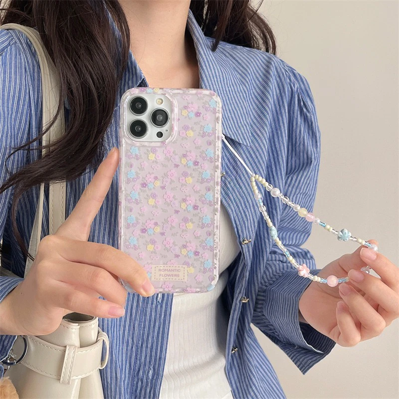 早春温柔紫蓝色碎花适用iphone16Promax苹果15手机壳14双层13链条