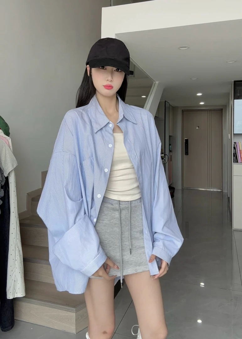 慵懒风蓝色条纹polo领长袖衬衫女春季韩版中长款宽松衬衣防晒上衣