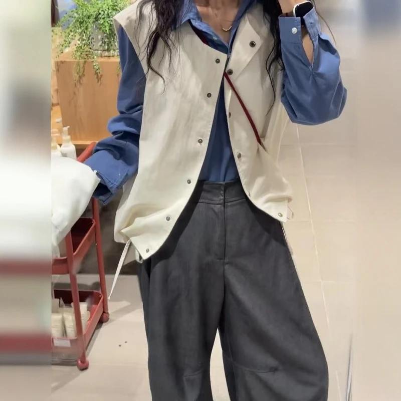 韩版简约高级感翻领长袖衬衫叠穿无袖坎肩马甲两件套ins秋季新款