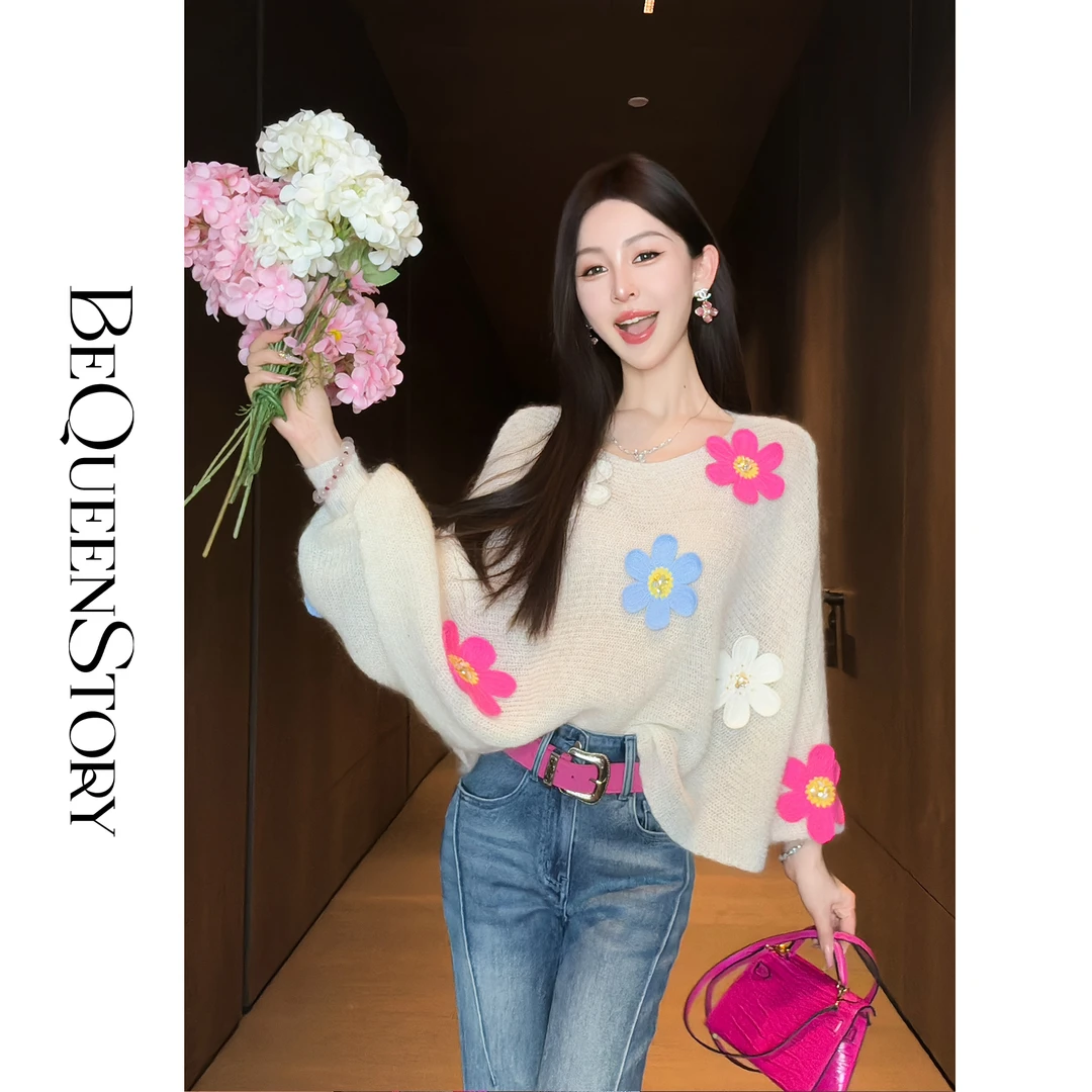 余潇潇【浪漫花卉】绵羊毛马海毛混纺立体花朵开衫毛衣&斗篷毛衣