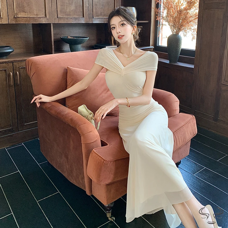 夏季新款色网纱连衣裙修身显瘦一字肩单肩抹胸多种穿法长裙