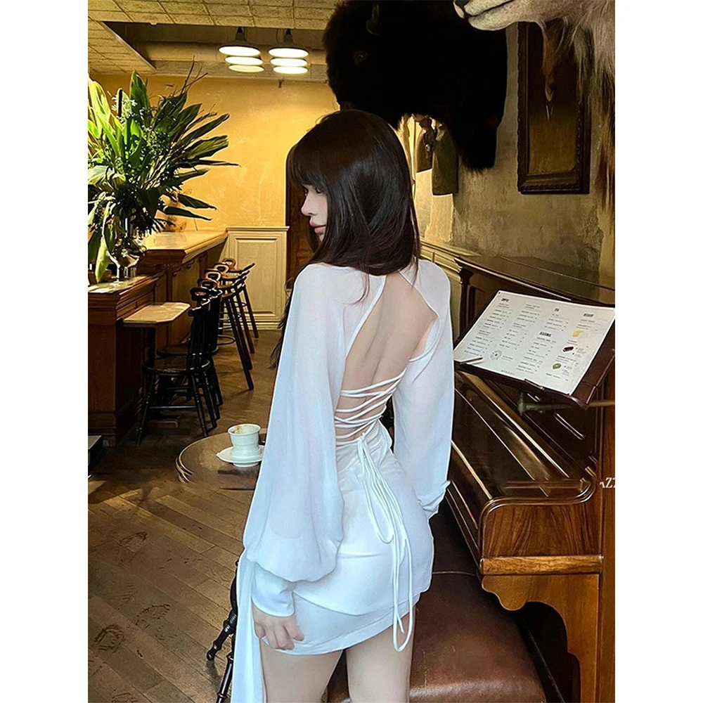 辣妹设计感绑带露背衬衫连衣裙女装秋季小众性感修身深V包臀短裙