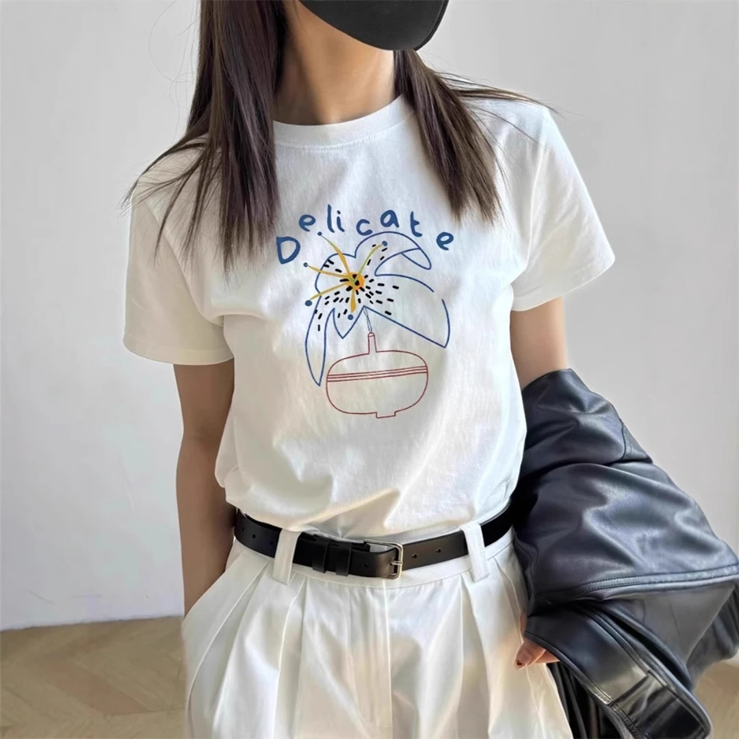 花朵卡通印花短袖女T恤夏季圆领正肩体恤修身显瘦休闲百搭白上衣