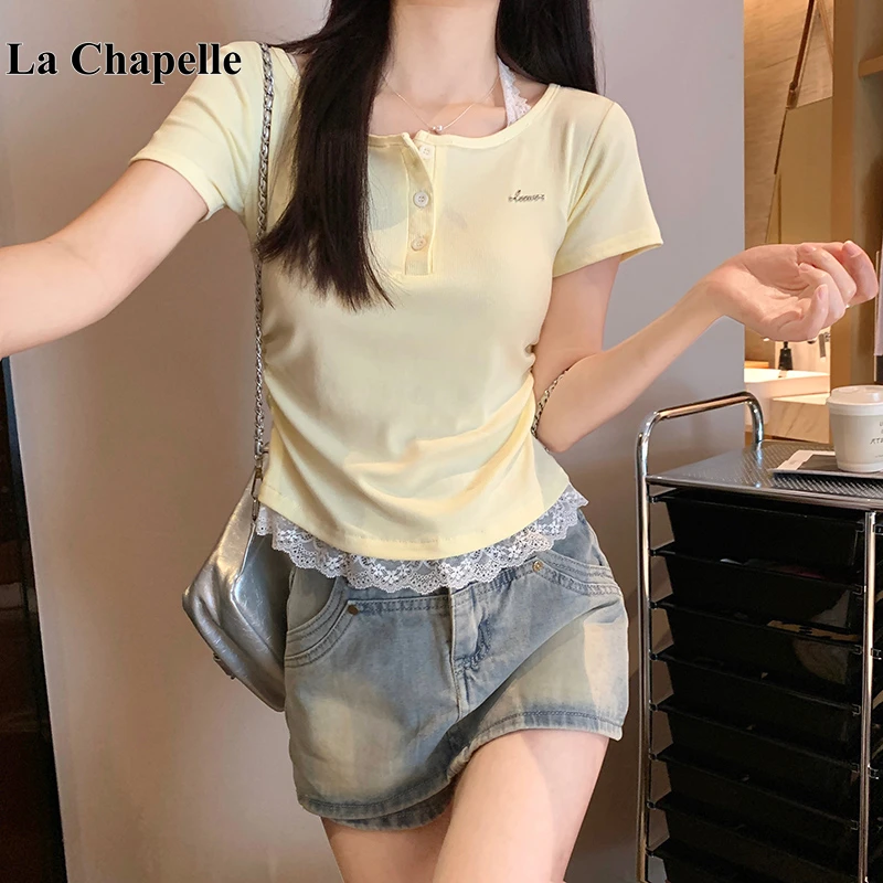 拉夏贝尔甜妹方领挂脖蕾丝正肩短袖t恤女夏季新修身收腰短款上衣