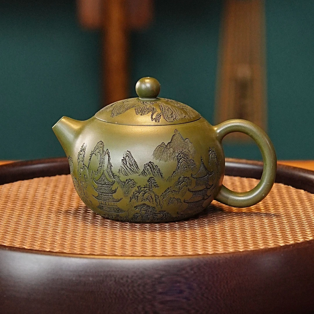 宜兴紫砂茶具 原矿绿泥泥料刻绘山水楼阁西施紫砂壶