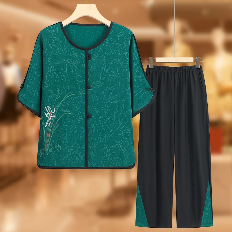 中老年人夏装女休闲中袖T恤套装时尚妈妈装两件套老人太太衣服薄