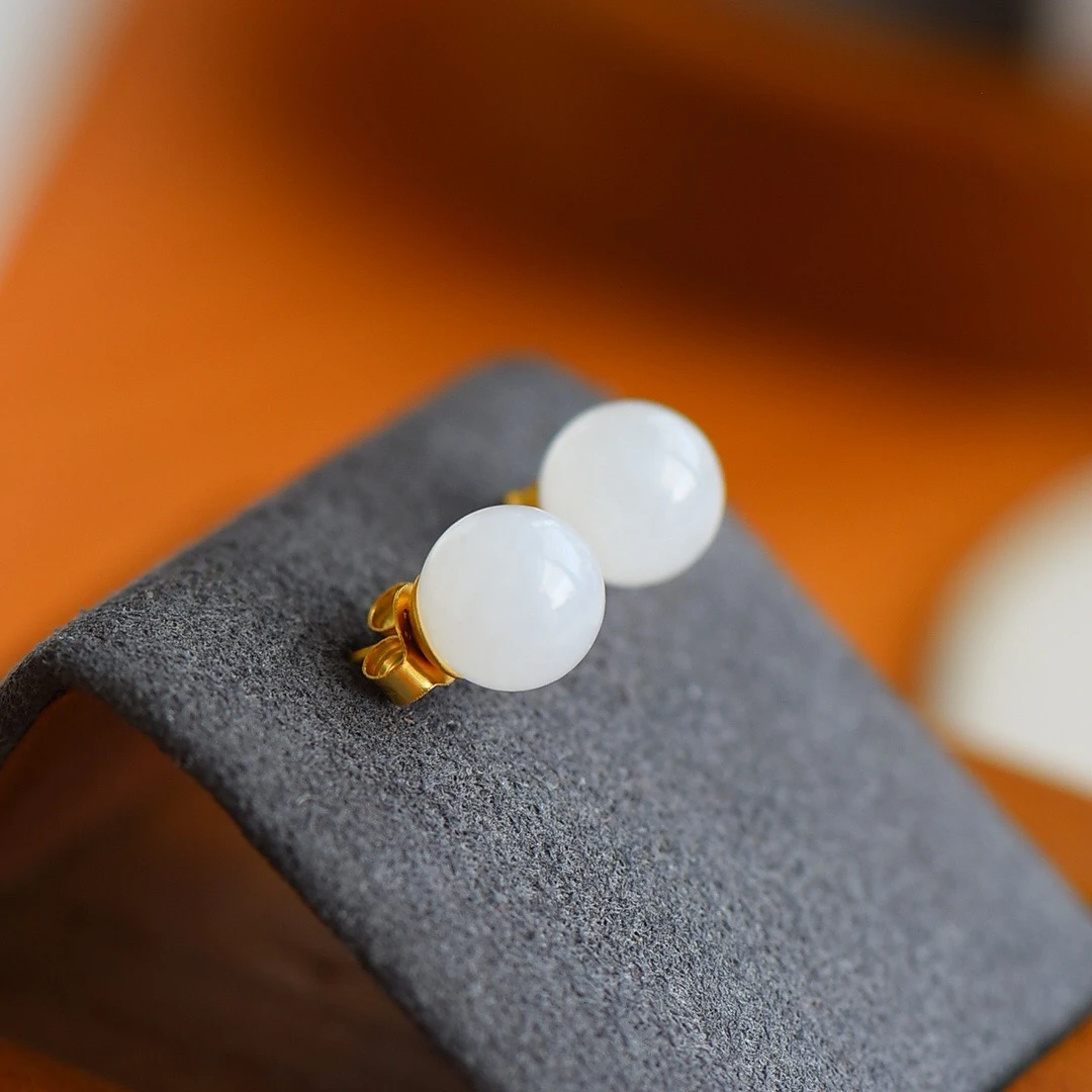 新款来咯古法银镶和田玉【白玉圆珠耳钉】简单大气佩戴效果超