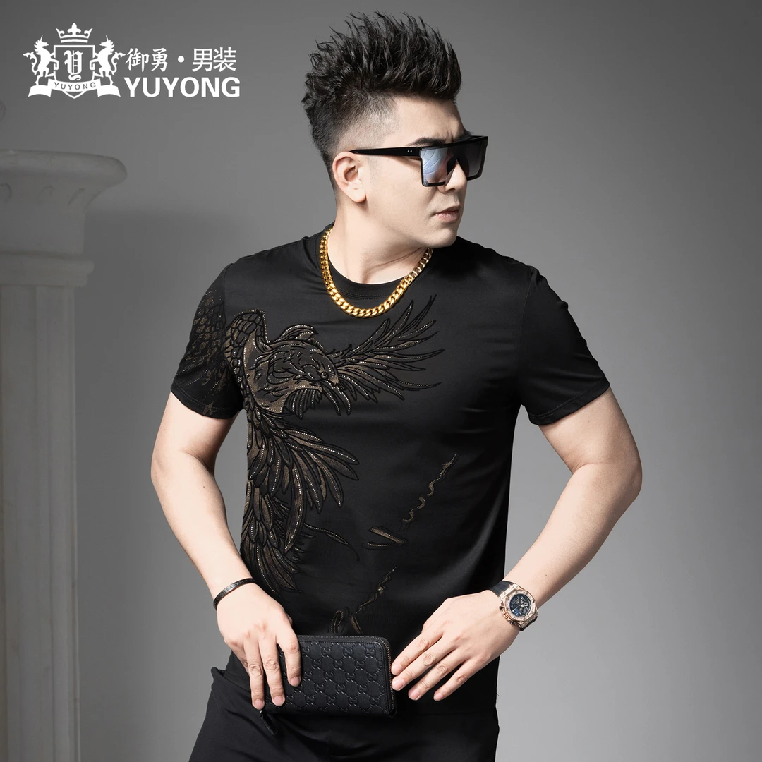 欧洲站2025夏季新款老鹰植绒印花半袖体恤衫潮流上衣男士短袖t恤