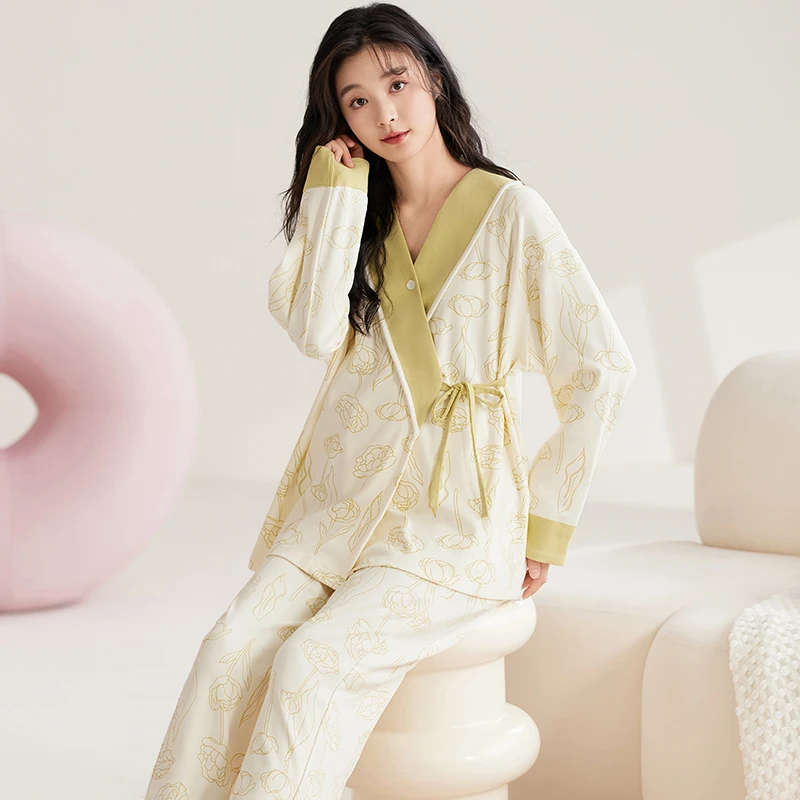 新款春秋季免穿胸垫月子服哺乳大码宽松可调节松紧纯棉睡衣女套装