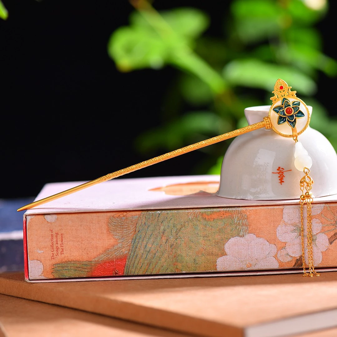 【名称】s925银镶嵌和田玉圆蛋面葫芦珐琅南红发簪多样性3046