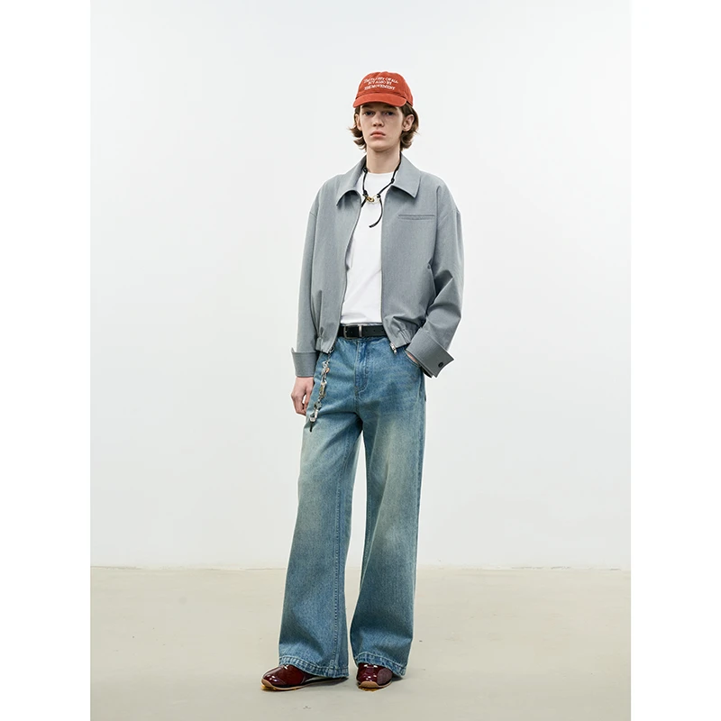 Luminelle雾蓝猫须磨边baggy牛仔裤男女水洗直筒休闲宽松阔腿长裤