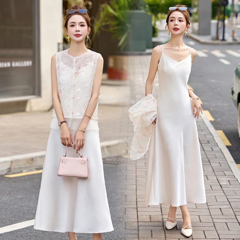 新中式国风刺绣无袖开衫吊带裙套装2025夏季新款设计感轻薄马甲女