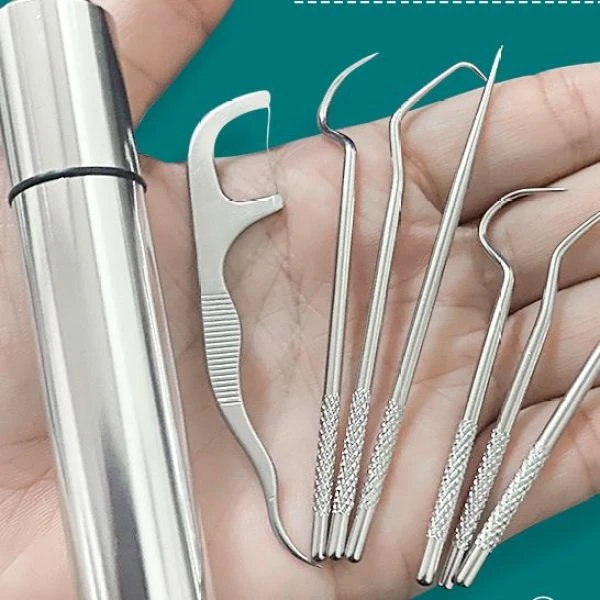 牙线不锈钢抠剔牙签棒护理家庭超细清洁防塞弯钩反复使用随身便携