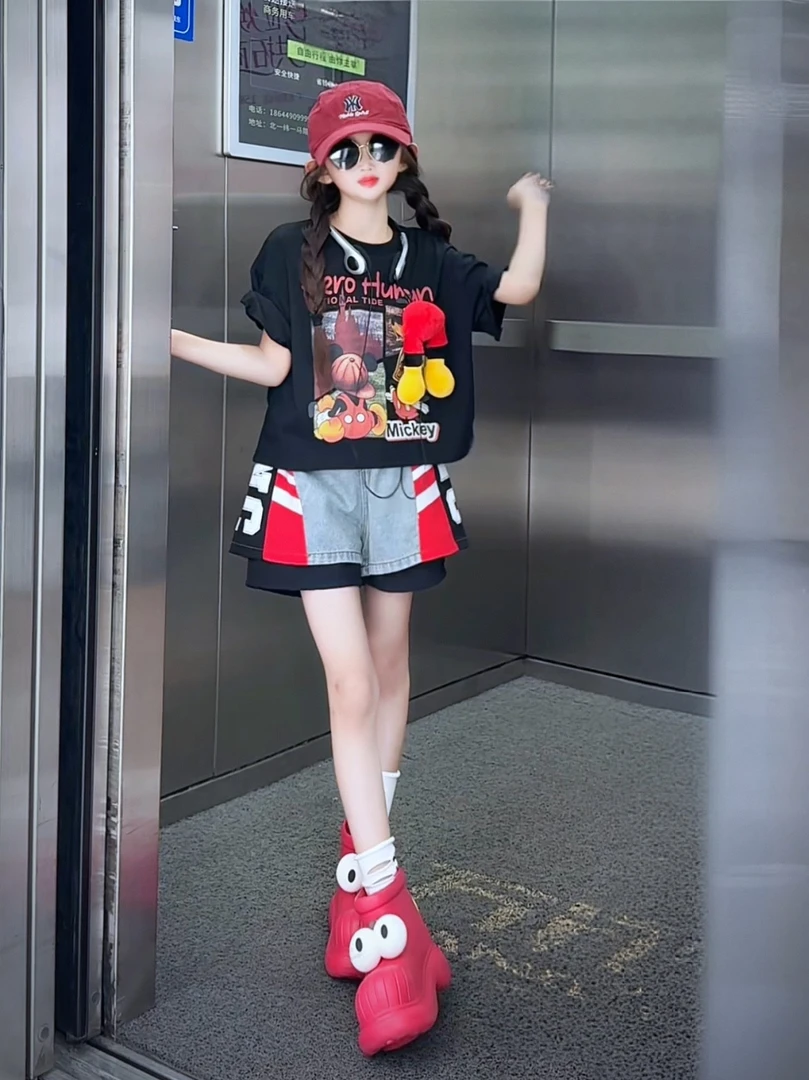 女童套装2025新款儿童洋气时髦短袖T恤短裤两件套中大童女孩夏装