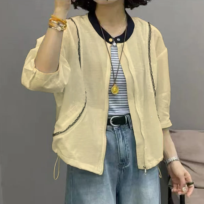 女士撞色圆领七分袖拨款外套宽松休闲舒适百搭2577