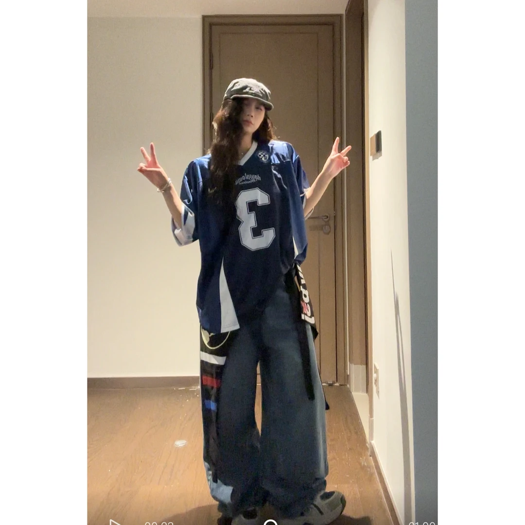 牛仔洗水屁帘春夏秋屁帘绑带叠穿弯刀牛仔裤男女设计感宽松