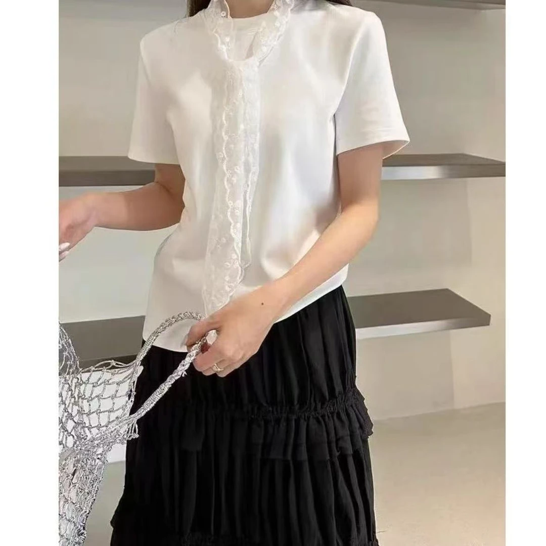 2025春夏新款配丝带圆领蕾丝三色修身短款短袖t恤女上衣