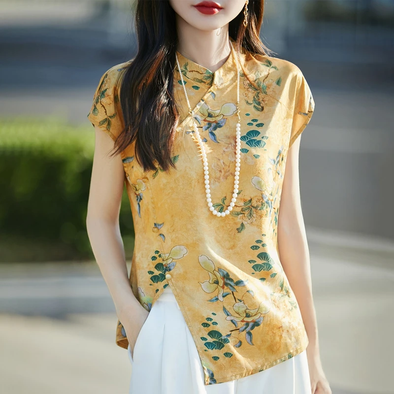 2025新款女装夏季新中式国风气质小衫印花珠扣立领短袖衬衫上衣薄
